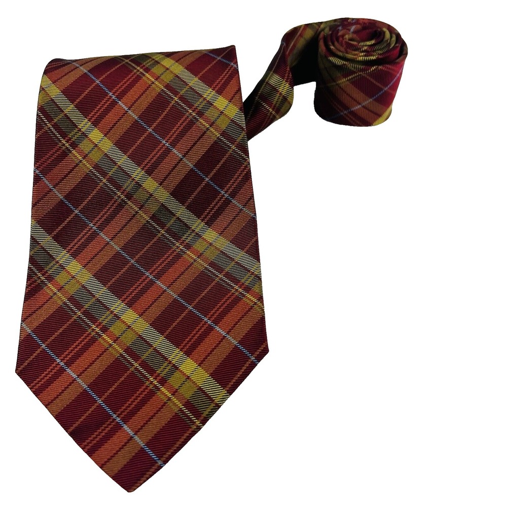 Paul Stuart Red Brown Blue Plaid Silk Tie Mens 3.75" Width 57.5" Length